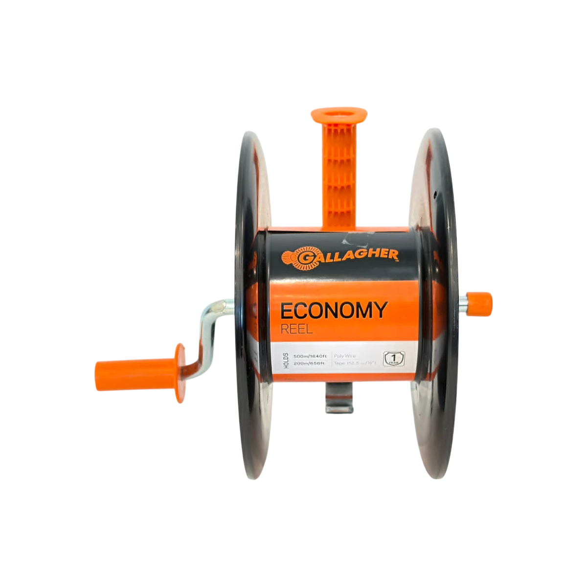 USA Grazing Systems Gallagher Economy Reel 1:1 with orange handle and black spool for electric fencing