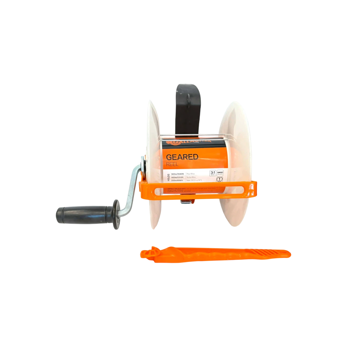 USA Grazing Systems Gallagher 3:1 geared electric fence reel with orange frame and handle for temporary livestock fencing
