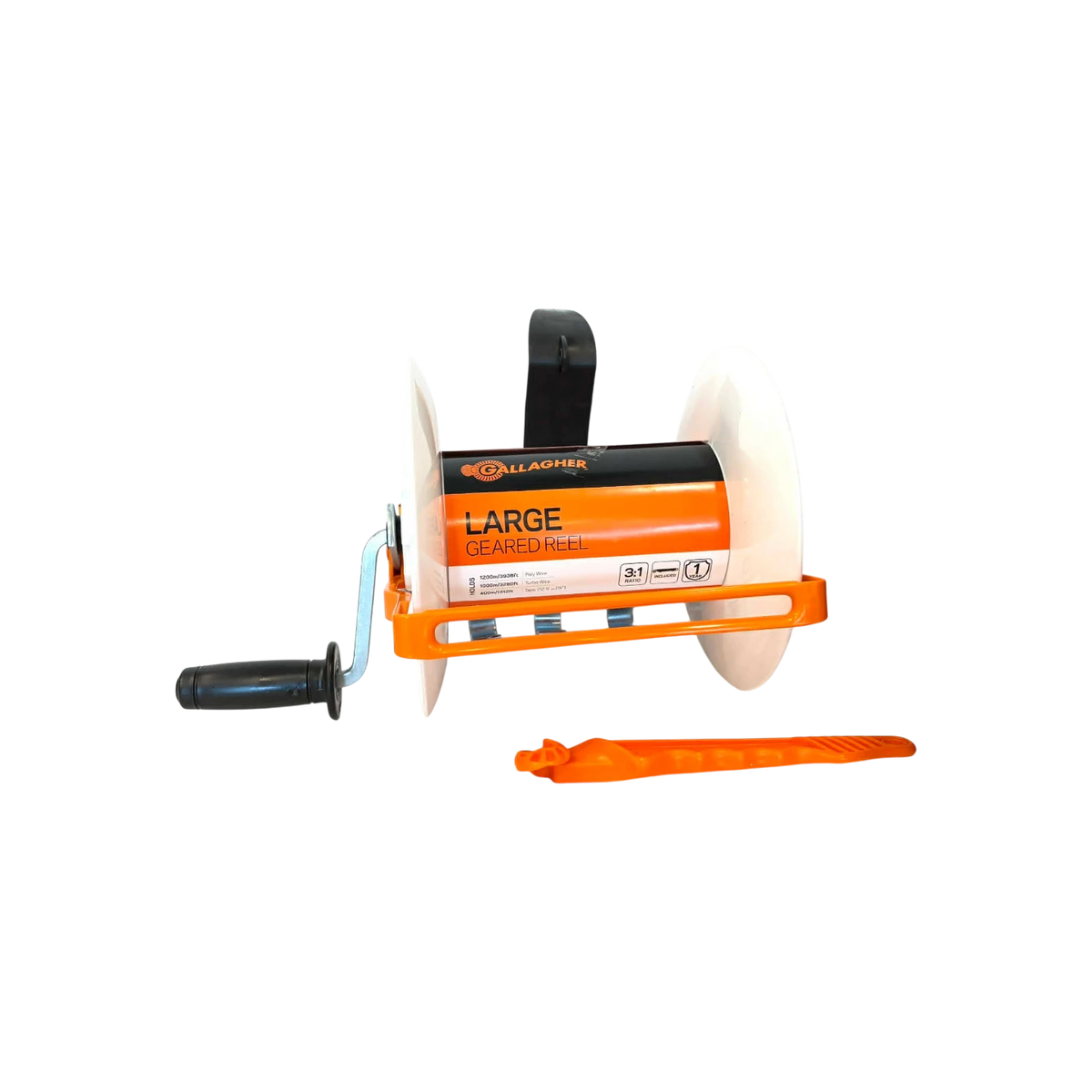 USA Grazing Systems Gallagher Large Geared Reel 3:1 with orange frame and white spool for electric fencing