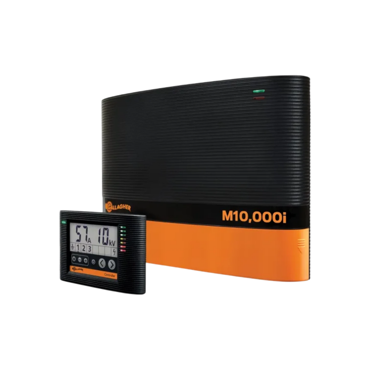 USA Grazing Systems Gallagher M10000i fence energizer with remote controller display for large livestock operations.