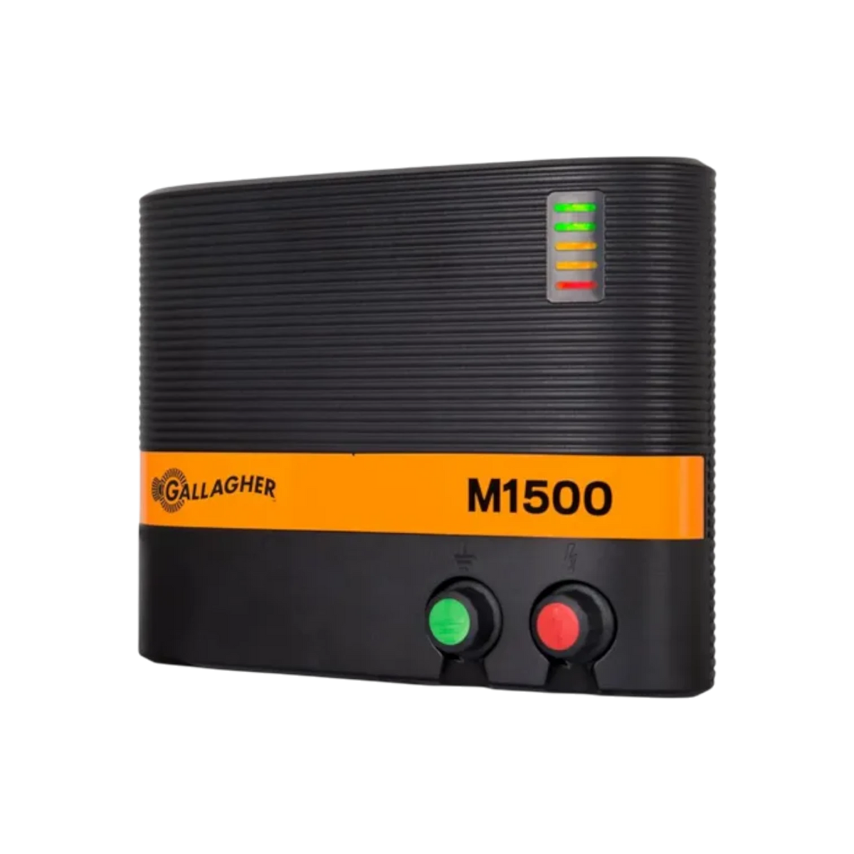 USA Grazing Systems Gallagher M1500 mains electric fence energizer with voltage display and durable black casing.