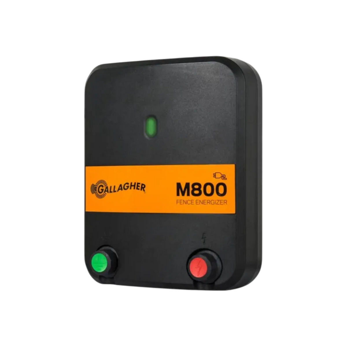 USA Grazing Systems Gallagher M800 mains-powered electric fence energizer in a black housing with orange branding.