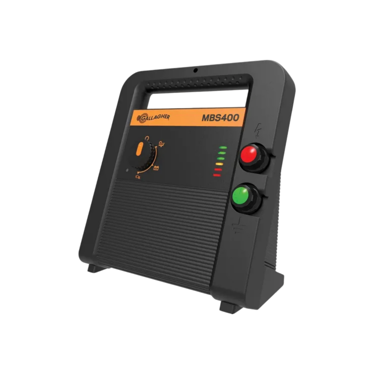 USA Grazing Systems Gallagher MBS400 multi-power electric fence energizer with control dial and status indicator lights.
