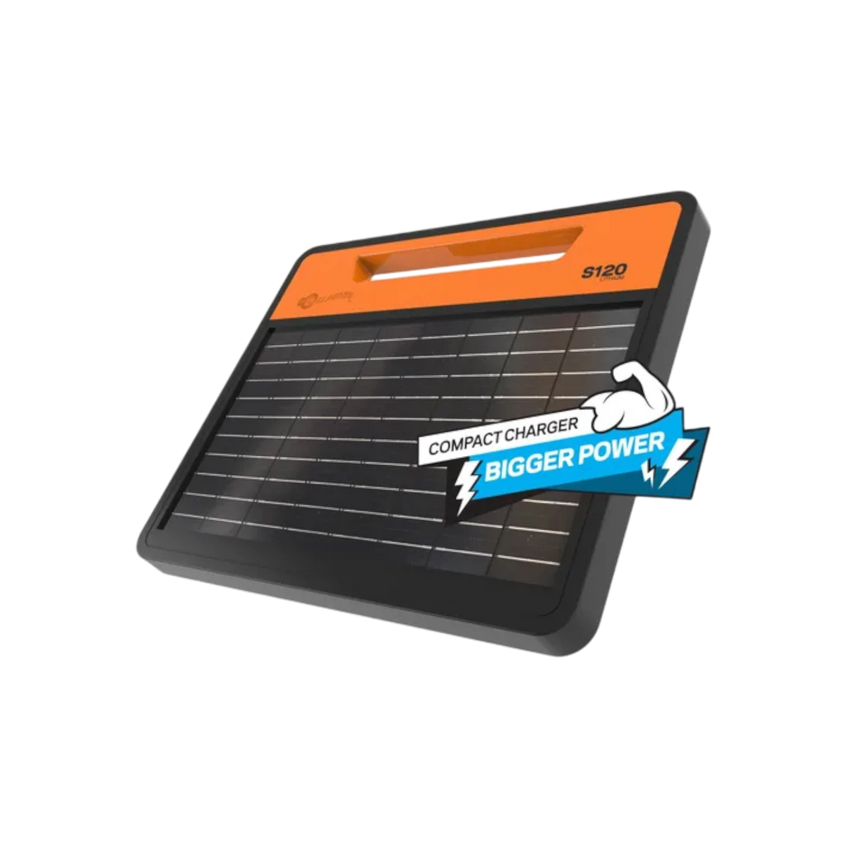 USA Grazing Systems Gallagher S120 portable solar electric fence energizer with integrated panel and orange handle.