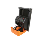 USA Grazing Systems Gallagher S200 solar energizer with battery compartment open, showing internal wiring and controls.