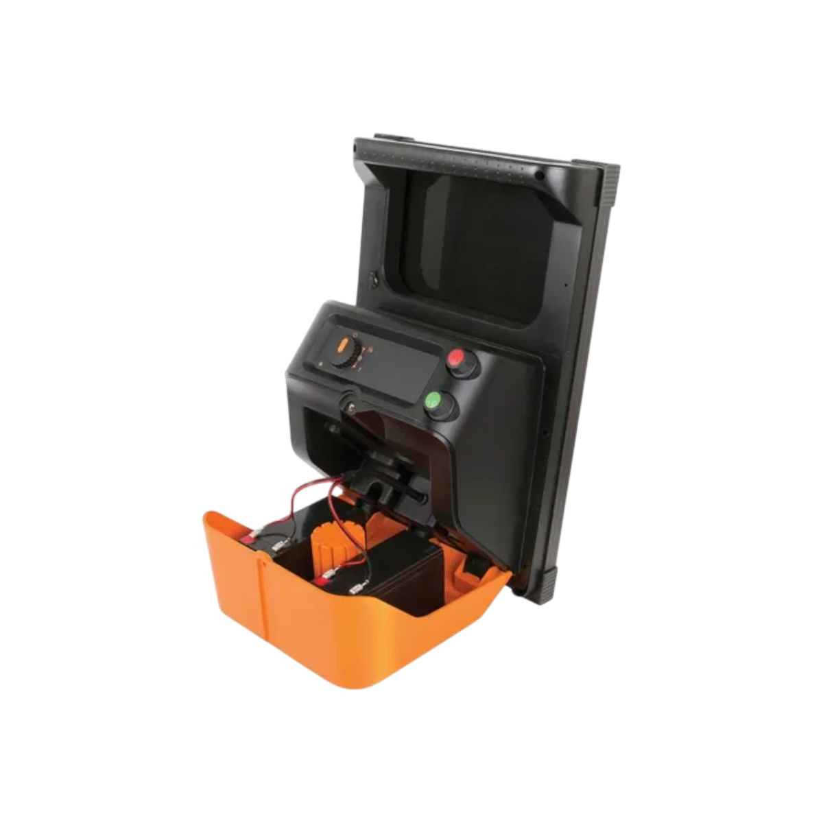USA Grazing Systems Gallagher S200 solar energizer with battery compartment open, showing internal wiring and controls.