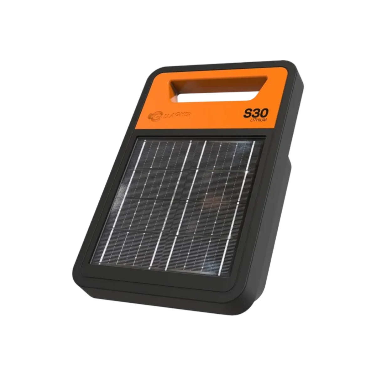 USA Grazing Systems Gallagher S30 solar energizer with integrated solar panel and orange handle for portable fencing.