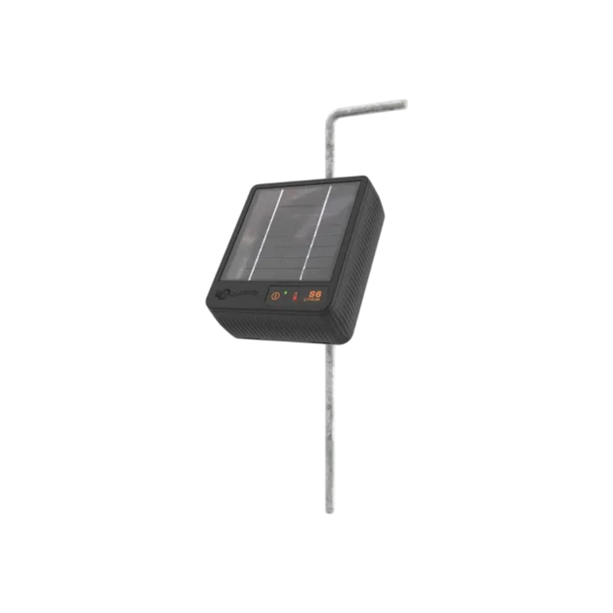 USA Grazing Systems Gallagher S6 solar electric fence energizer with integrated panel on a metal mounting stake