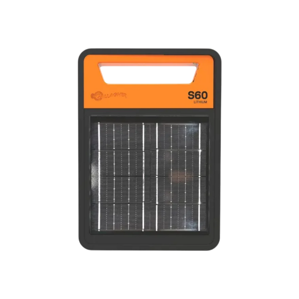 USA Grazing Systems Gallagher S60 Li solar energizer with integrated solar panel and orange handle for portable fencing