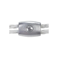 USA Grazing Systems galvanized bolt rope clamp securing two sections of white electric fence polyrope