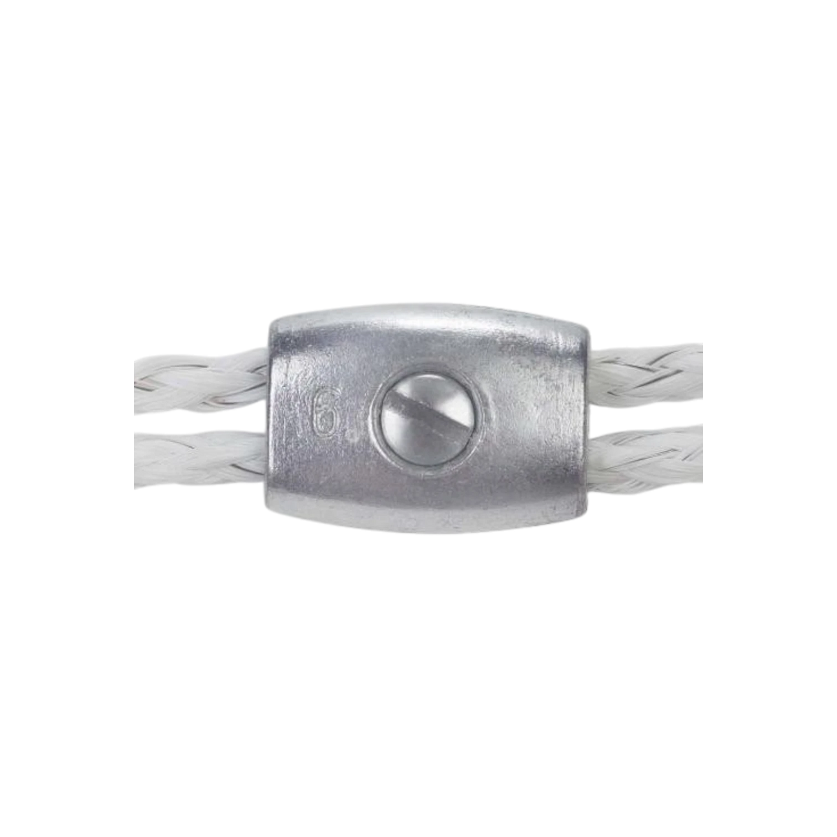 USA Grazing Systems galvanized bolt rope clamp securing two sections of white electric fence polyrope
