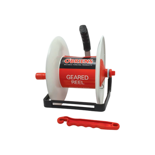 USA Grazing Systems O'Brien 3:1 geared electric fencing reel with white spool, red drum, and red gate handle.