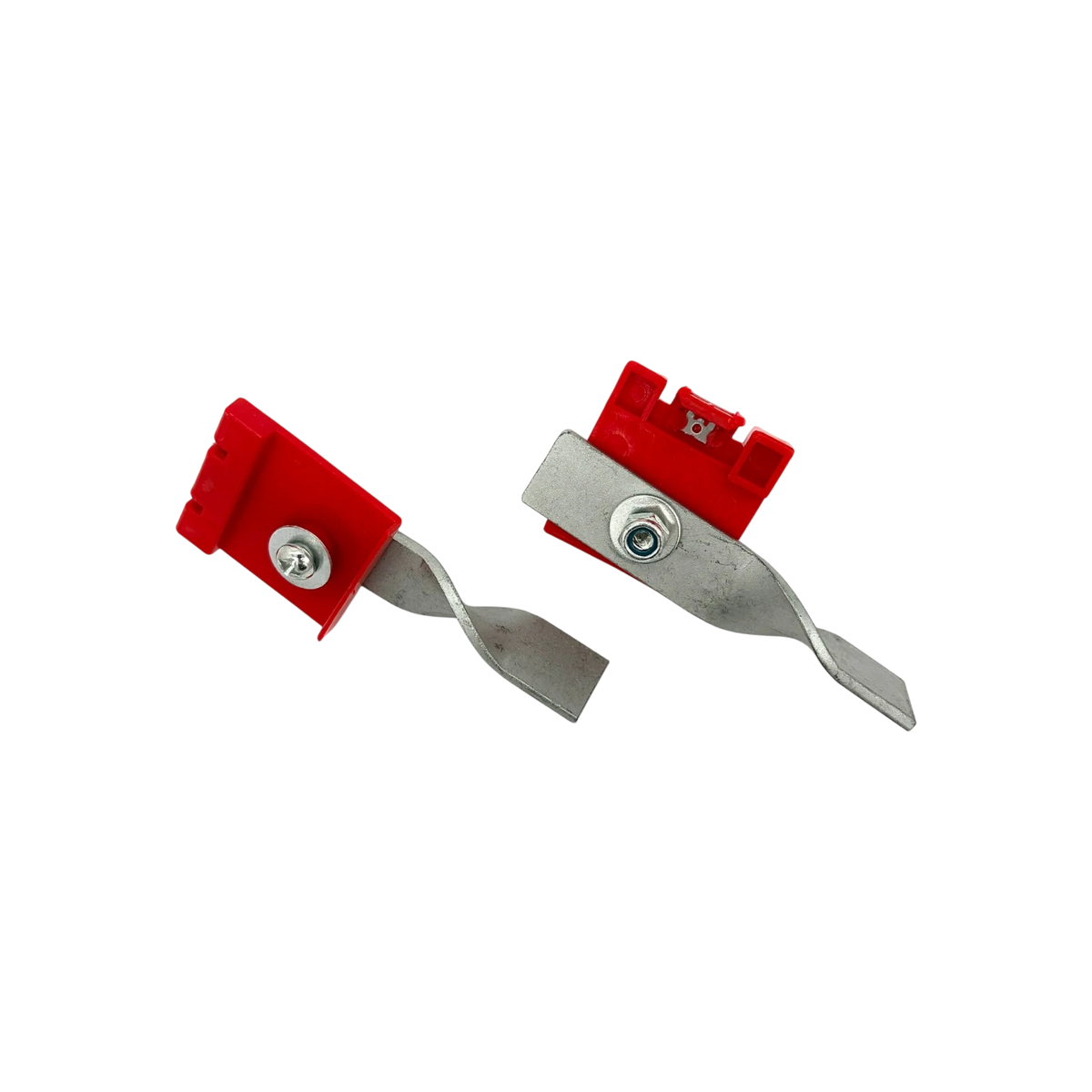 USA Grazing Systems Taragate geared reel latch assembly replacement parts with red plastic and metal locking levers.
