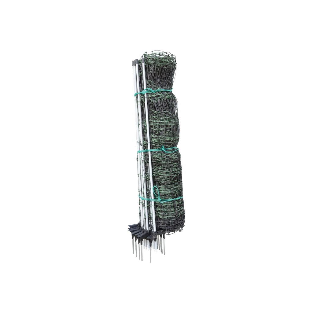 USA Grazing Systems 40-inch green electric poultry netting roll with integrated step-in posts for livestock fencing