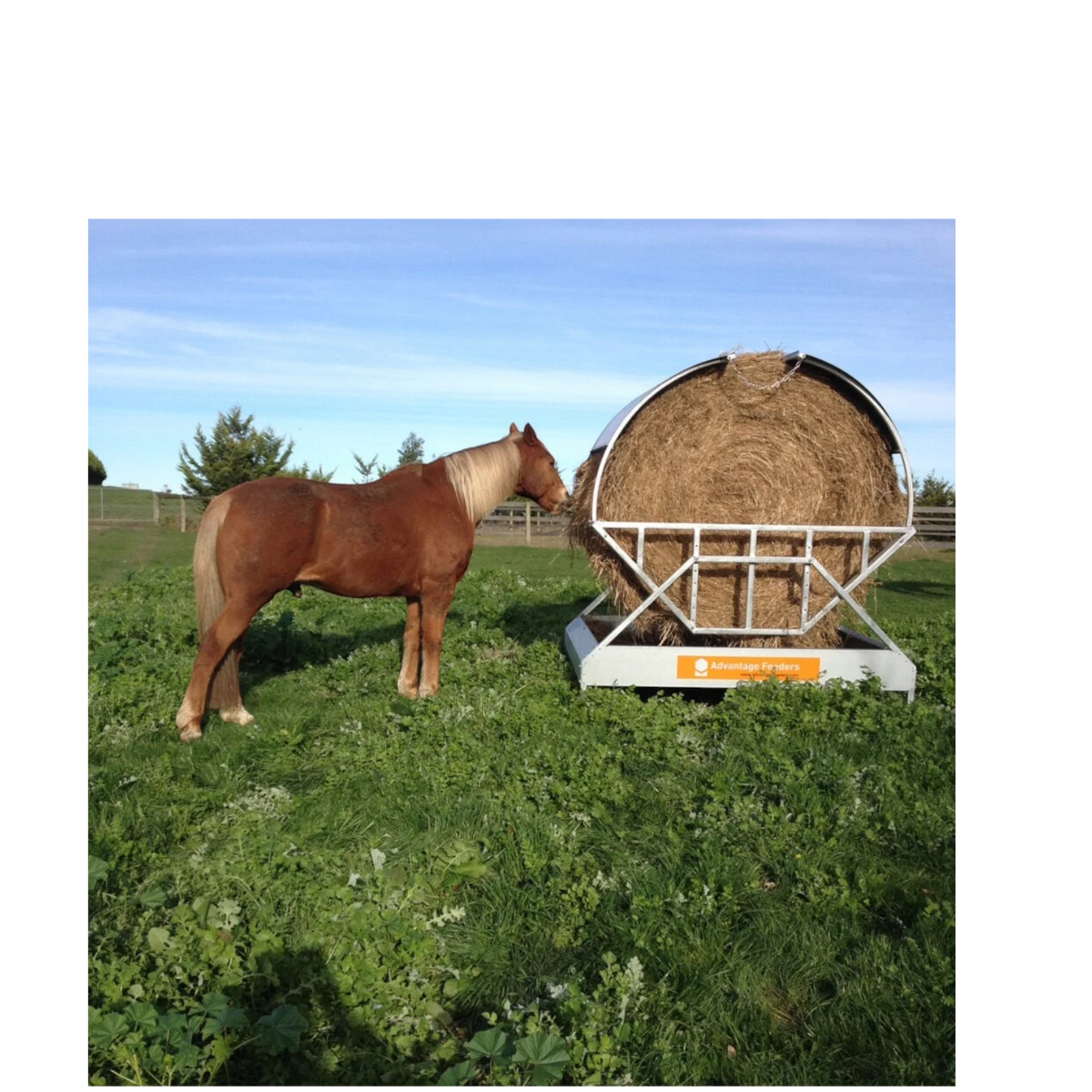 USA Grazing Systems Advantage Hay Feeder with protective roof, shielding a round hay bale from rain in a pasture.