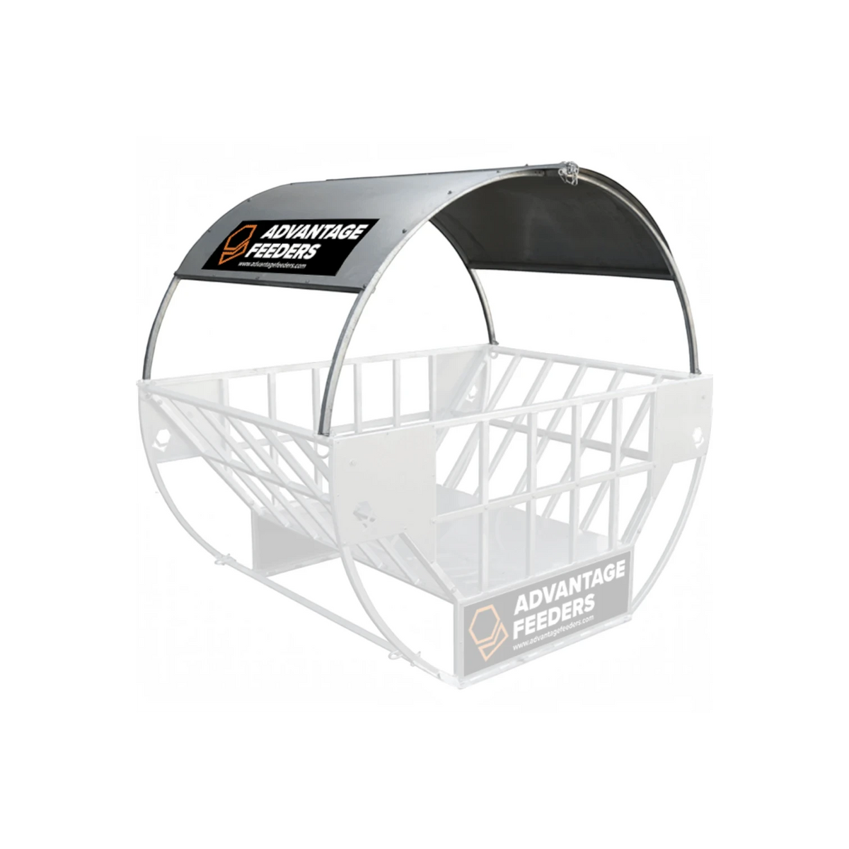 USA Grazing Systems Advantage Hay Feeder Roof installed on a metal cradle and tray feeder for weather protection.
