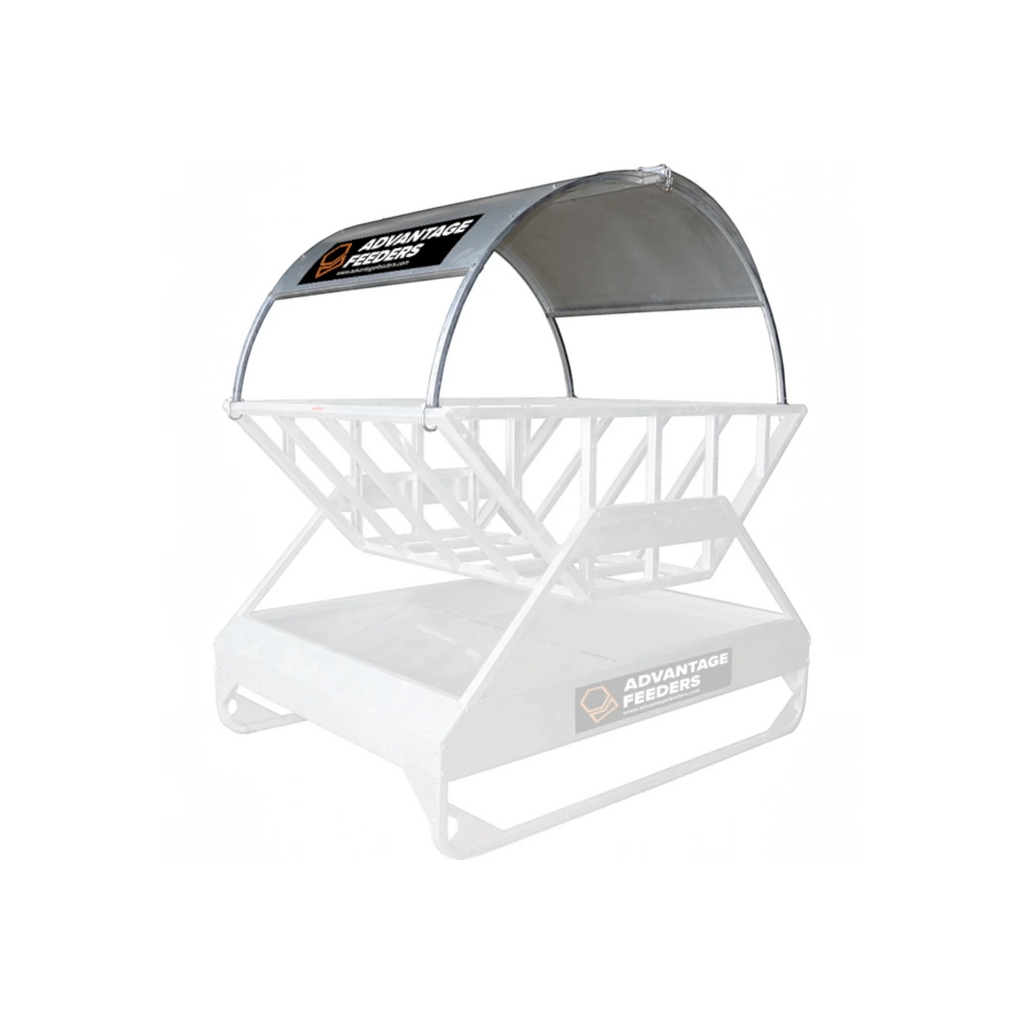 USA Grazing Systems Advantage Hay Feeder Roof installed on a metal cradle and tray feeder for weather protection.