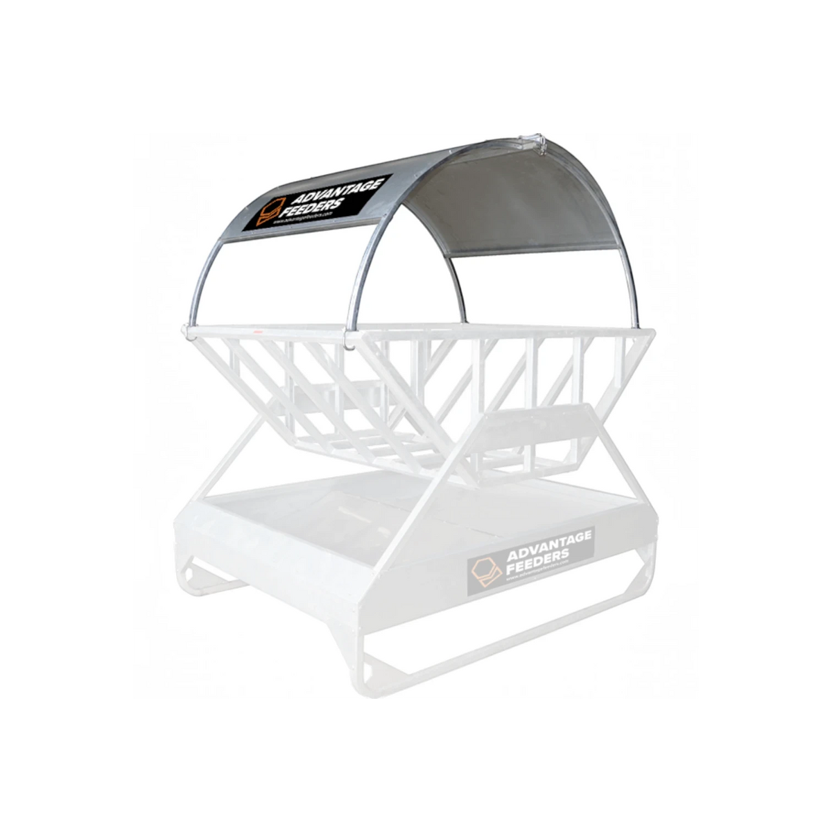 USA Grazing Systems Advantage Hay Feeder Roof installed on a metal cradle and tray feeder for weather protection.