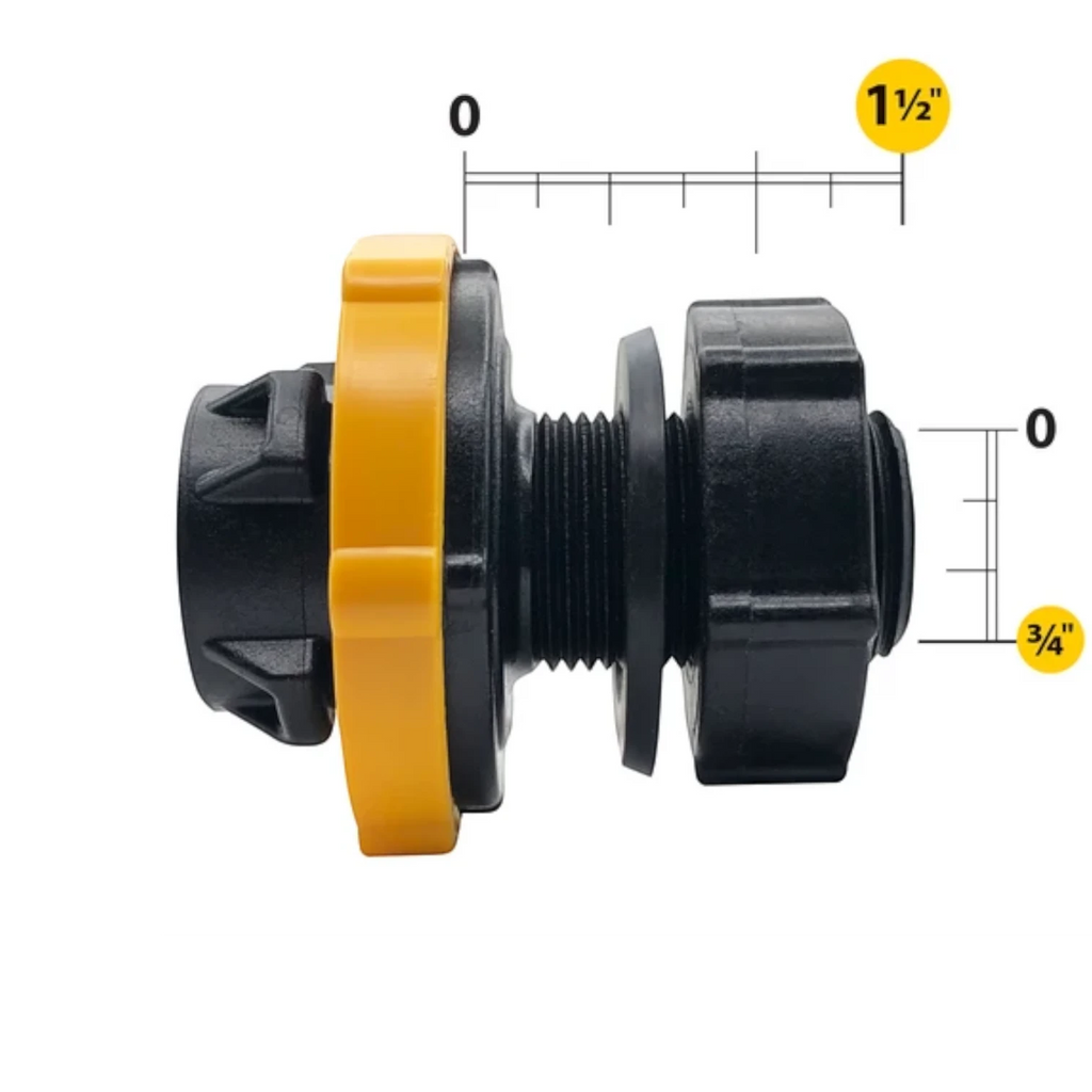 USA Grazing Systems Jobe Detach Tail Long valve fitting with black and yellow plastic components for water systems.
