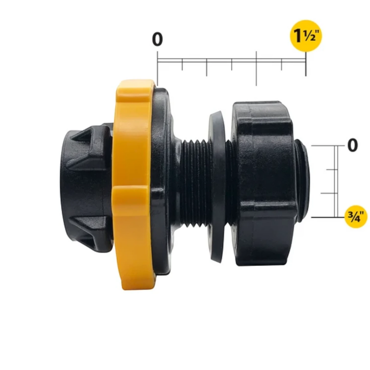 USA Grazing Systems Jobe Detach Tail Long valve fitting with black and yellow plastic components for water systems.