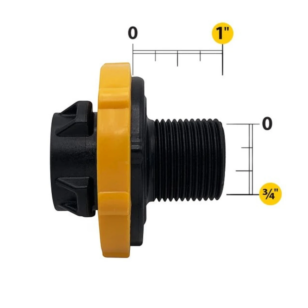 USA Grazing Systems Jobe Detach Tail short version valve component with yellow locking ring and black threaded inlet.