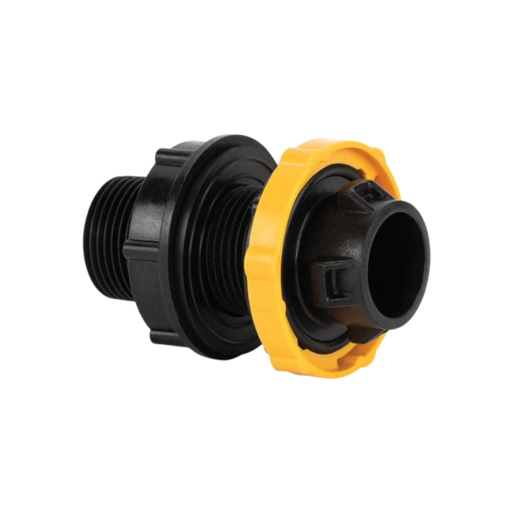 USA Grazing Systems Jobe long detach tail valve fitting with black threaded body and yellow locking collar