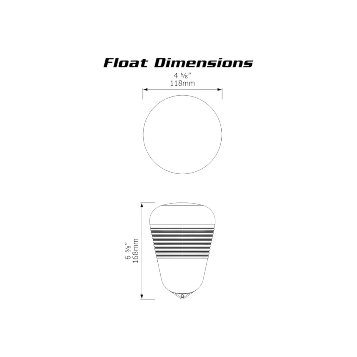 USA Grazing Systems Jobe Megaflow Float technical diagram showing dimensions of 118mm width and 168mm height.