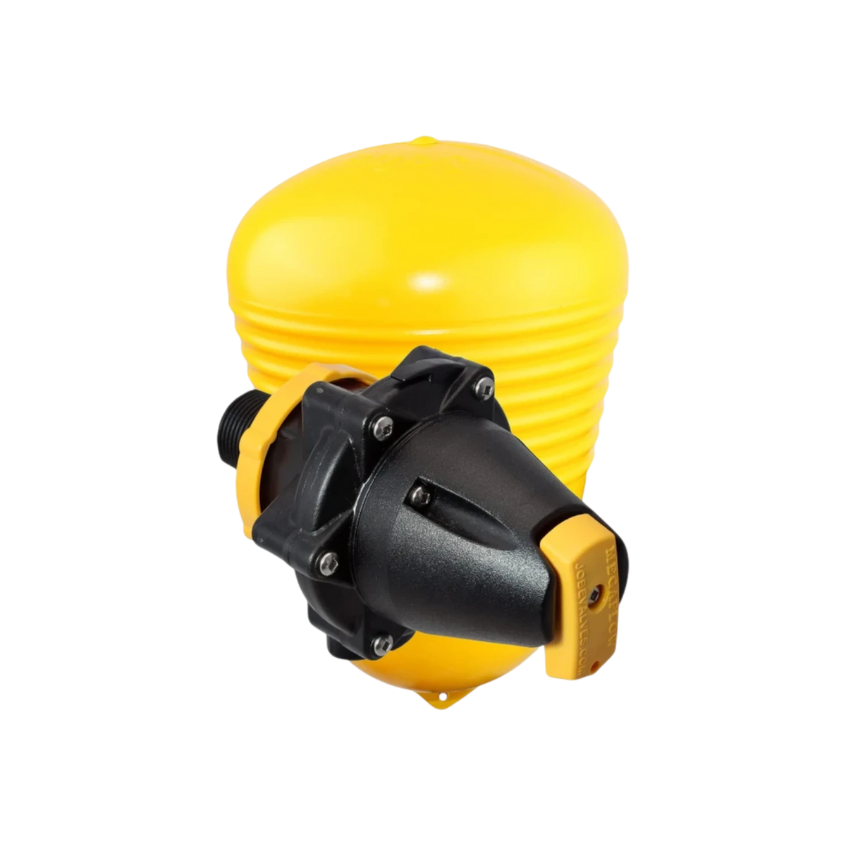USA Grazing Systems Jobe Megaflow float valve with yellow ABS plastic float and black diaphragm housing for water tanks