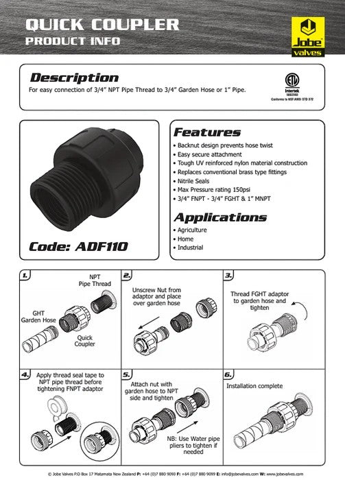 USA Grazing Systems Jobe NPT to GHT quick coupler fitting for connecting garden hoses to agricultural water systems