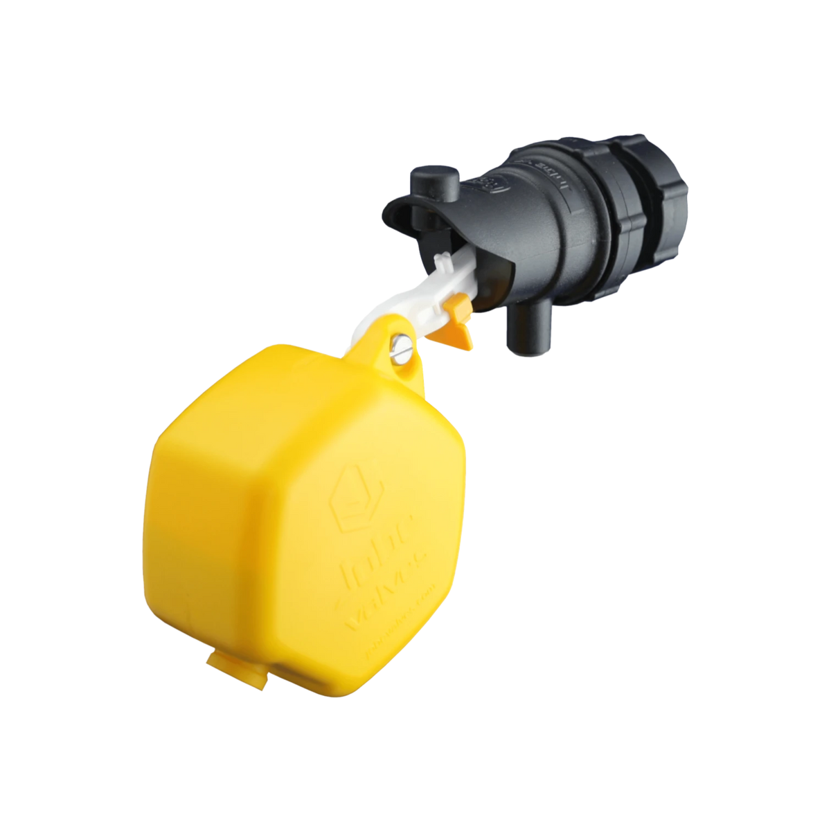 USA Grazing Systems Jobe Rojo 3/4 inch automatic float valve with a yellow float and black housing for water tanks.