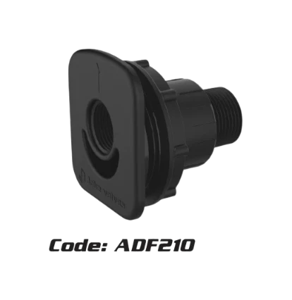 USA Grazing Systems Jobe ADF210 tank mount adapter featuring 3/4 inch FNPT and 3/4 inch FGHT connections in black plastic.