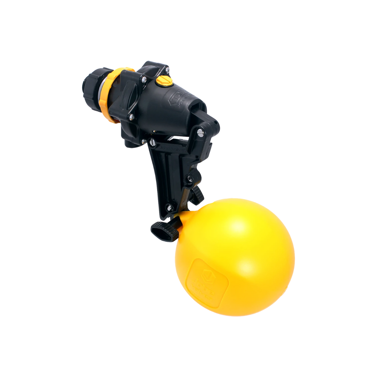 USA Grazing Systems Jobe Topaz high-flow automatic float valve for livestock water tanks with yellow float and black body