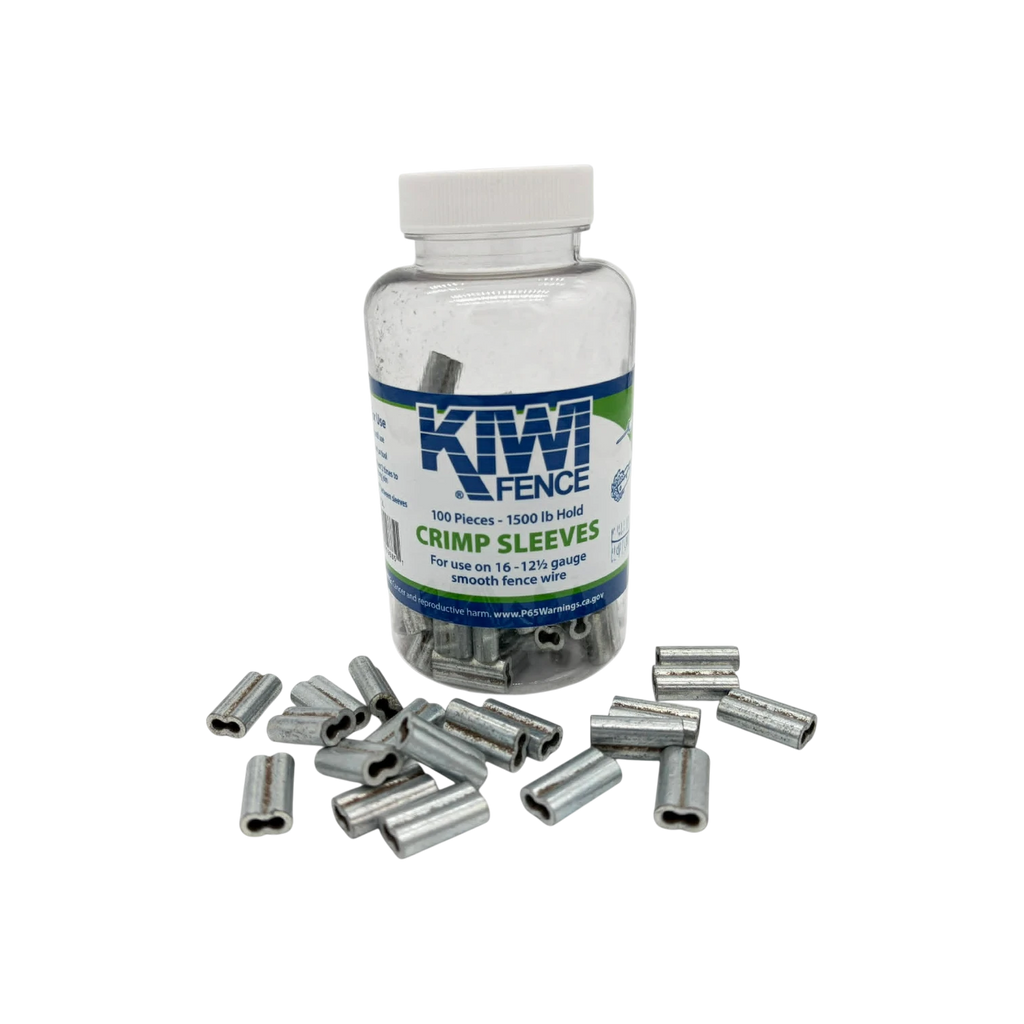 USA Grazing Systems Kiwi C2L long crimp sleeves for 12.5 gauge smooth fence wire in a 100-pack plastic container