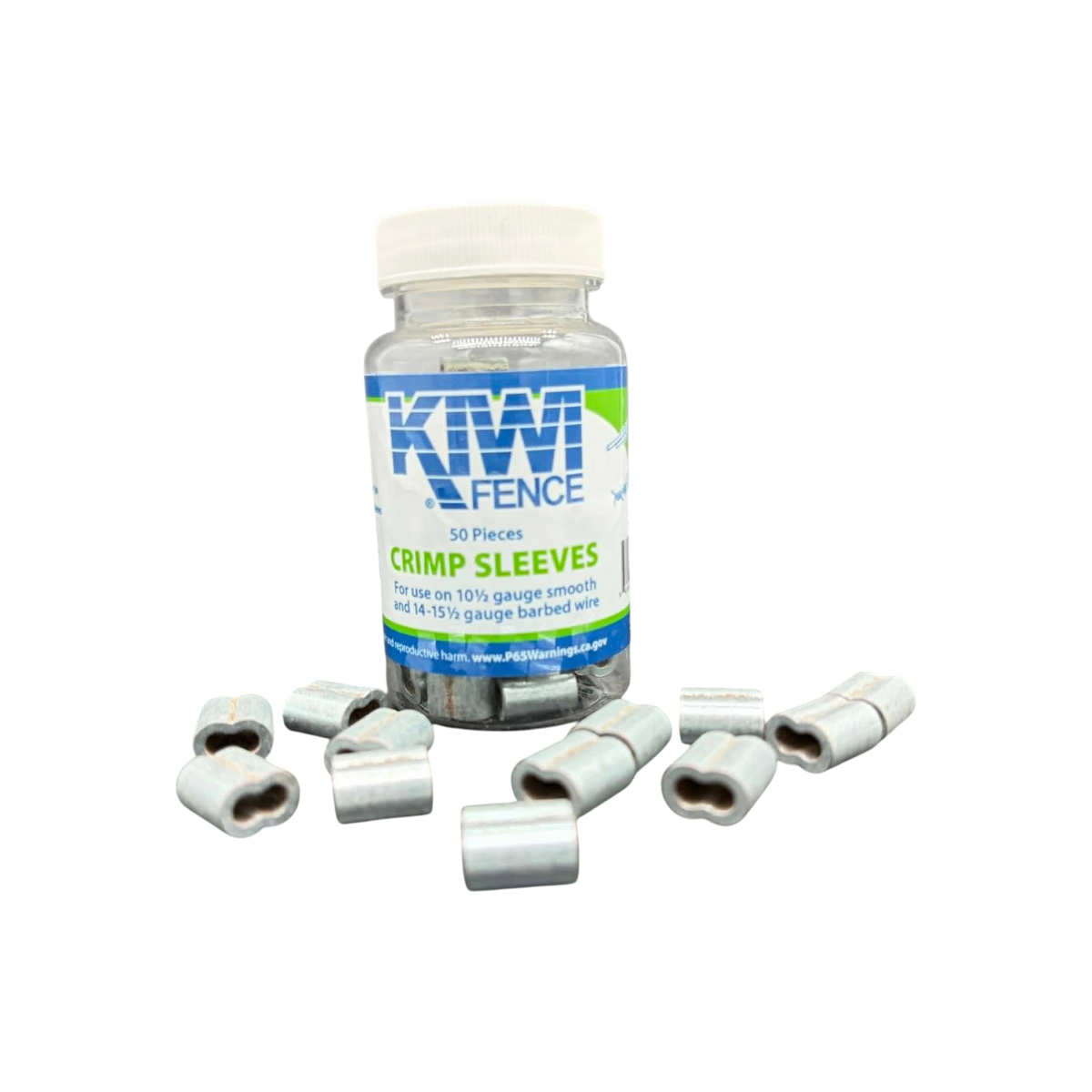 USA Grazing Systems Kiwi C34 crimp sleeves for 10.5 gauge smooth and 14-15.5 gauge barbed fence wire in a 50-pack jar.