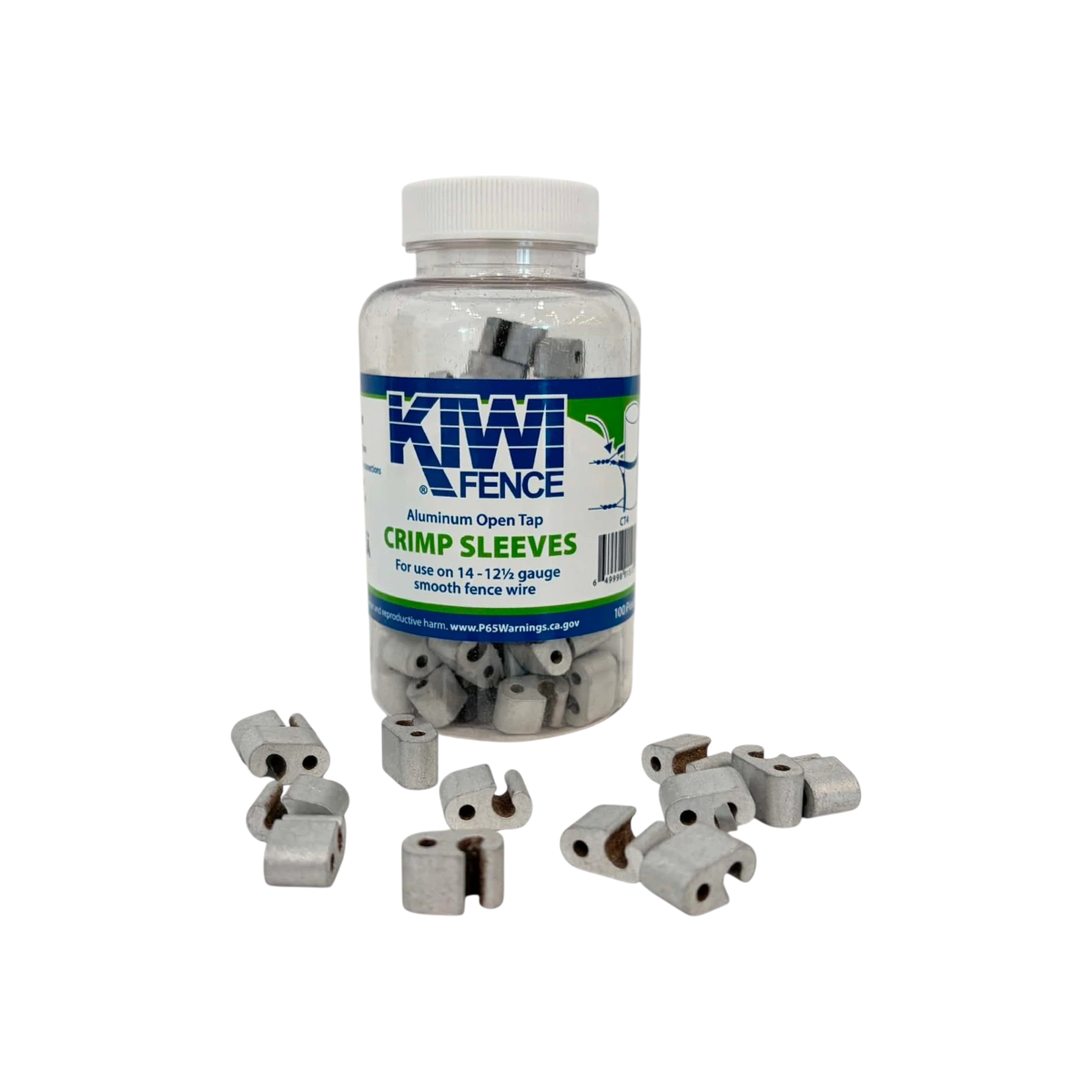 USA Grazing Systems Kiwi CT4 open tap crimp sleeves for 12.5 gauge electric fence wire in a 100 pack container.