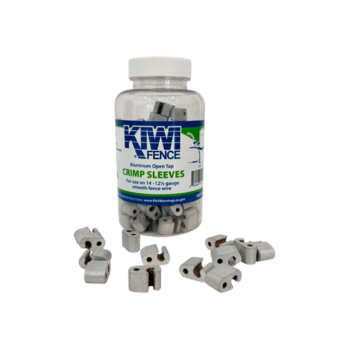USA Grazing Systems Kiwi CT4 open tap crimp sleeves for 12.5 gauge electric fence wire in a 100 pack container.