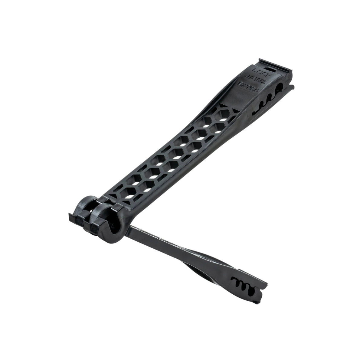 USA Grazing Systems LOCKJAWZ 5-inch black plastic extended electric fence insulator for offset wire applications.