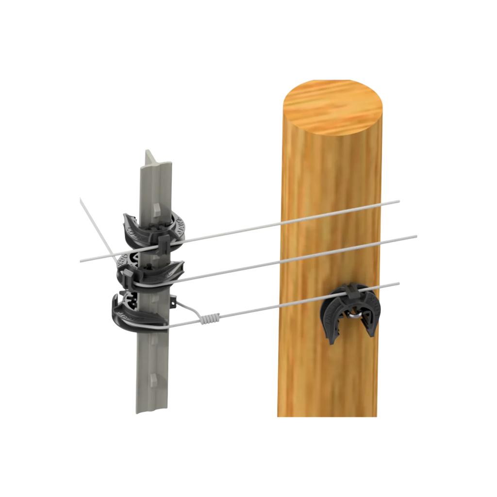 USA Grazing Systems LOCKJAWZ HD 360 black T-post insulators attached to a steel post and wooden post with electric wire