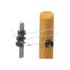 USA Grazing Systems LOCKJAWZ HD 360 black T-post insulators attached to a steel post and wooden post with electric wire