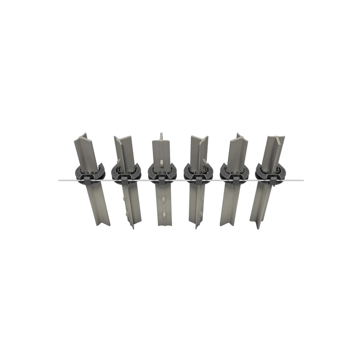 USA Grazing Systems LOCKJAWZ HD 360 black T-post insulators attached to steel fence posts in a row