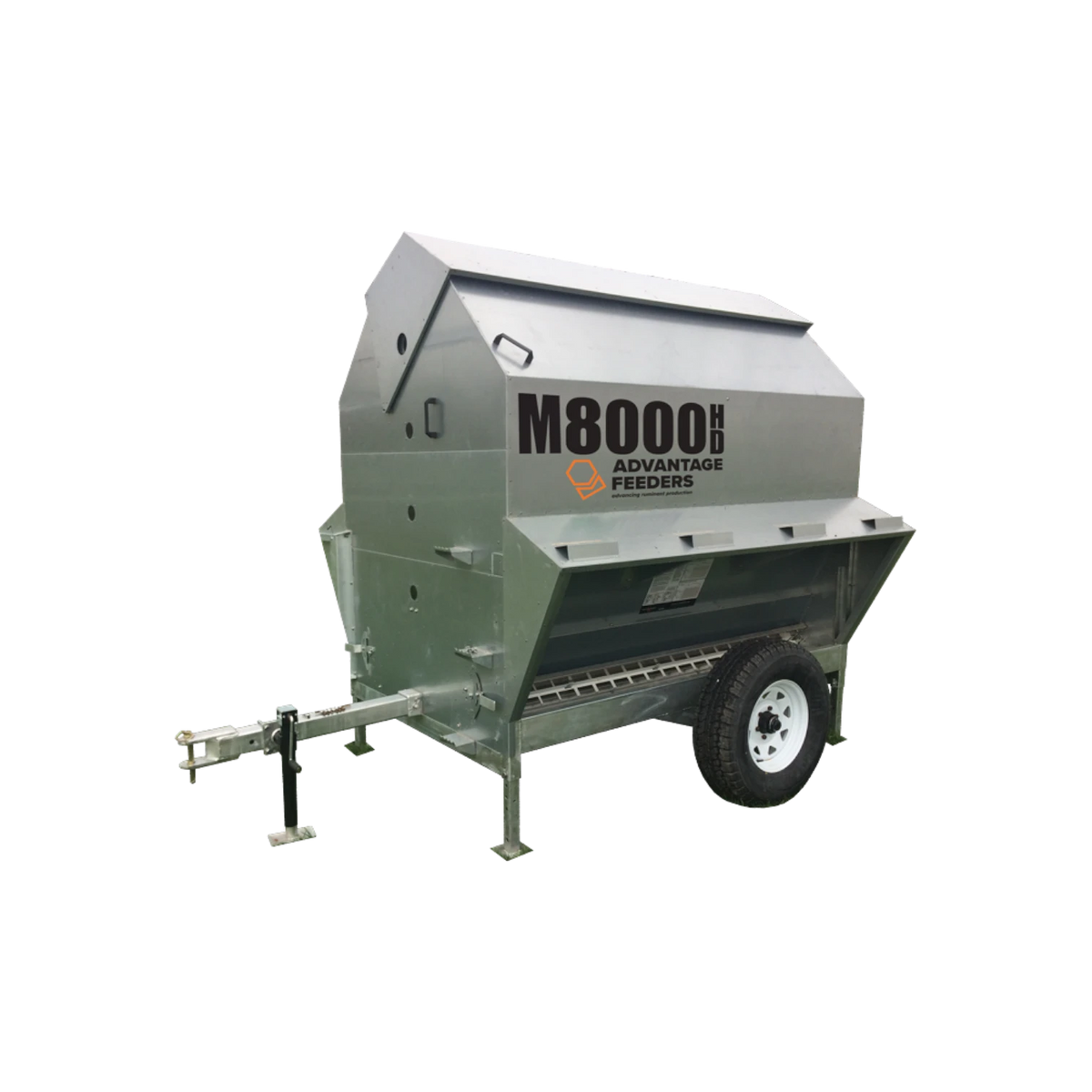USA Grazing Systems Advantage M8000HD heavy-duty galvanized steel livestock feeder with wheels and skid frame.