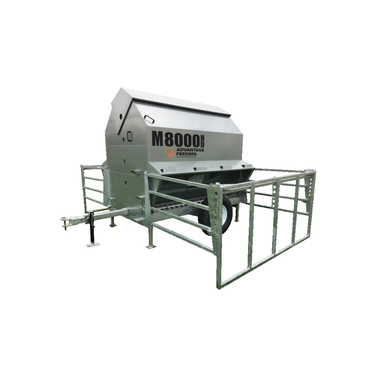 USA Grazing Systems Advantage M8000HD heavy-duty galvanized steel livestock feeder with wheels and protective fencing.
