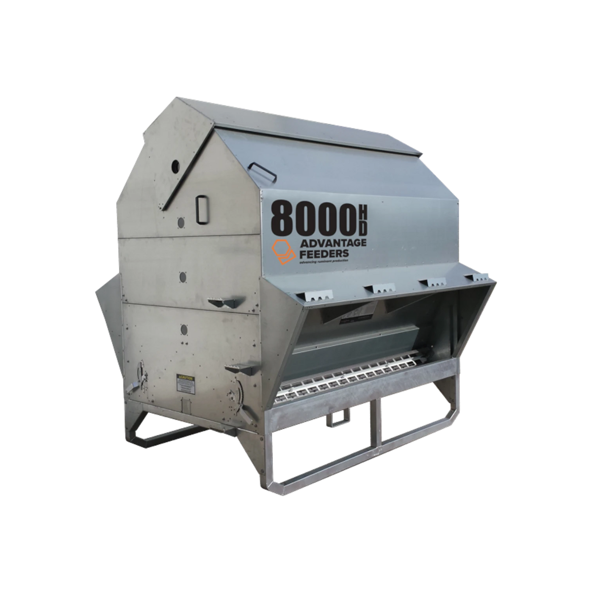 USA Grazing Systems Advantage M8000HD heavy-duty stainless steel livestock feeder with skid base and roof protection.