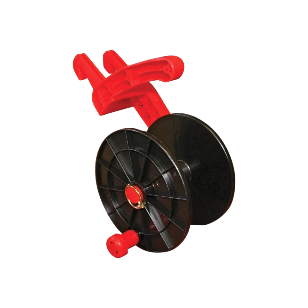 USA Grazing Systems mini electric fence reel with black spool and red frame featuring a lynch pin for quick setup