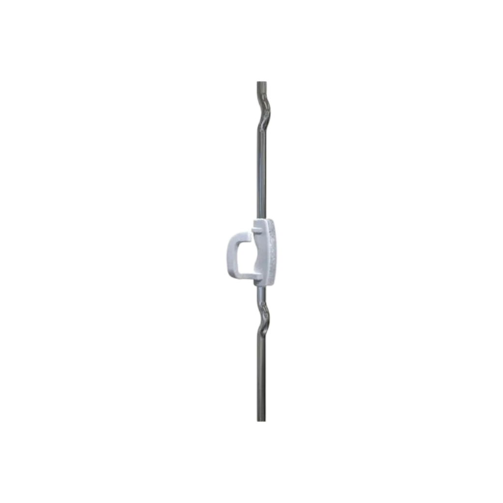 USA Grazing Systems Gallagher multi-wire ring top insulator snapped onto a metal fence post for electric fencing.