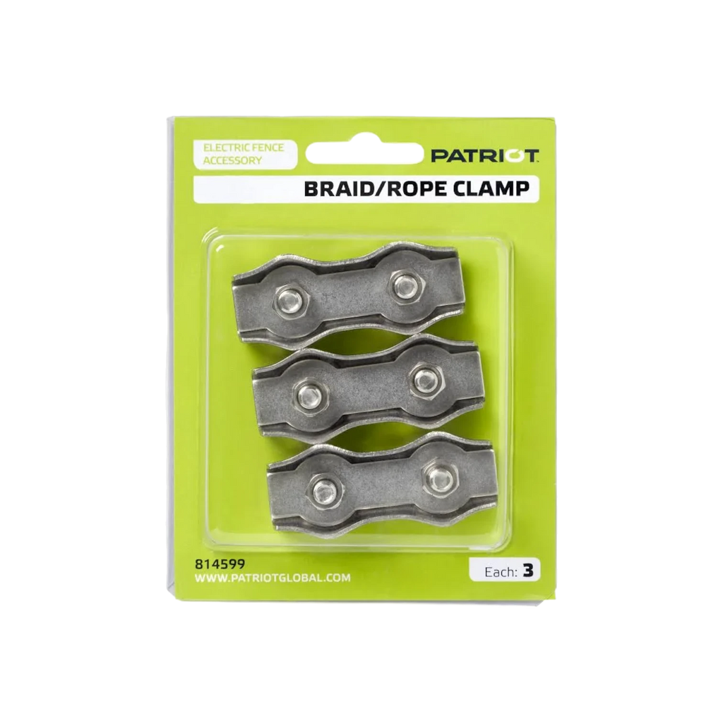 USA Grazing Systems 3-pack of metal two-bolt rope and braid clamps for electric fencing in retail packaging