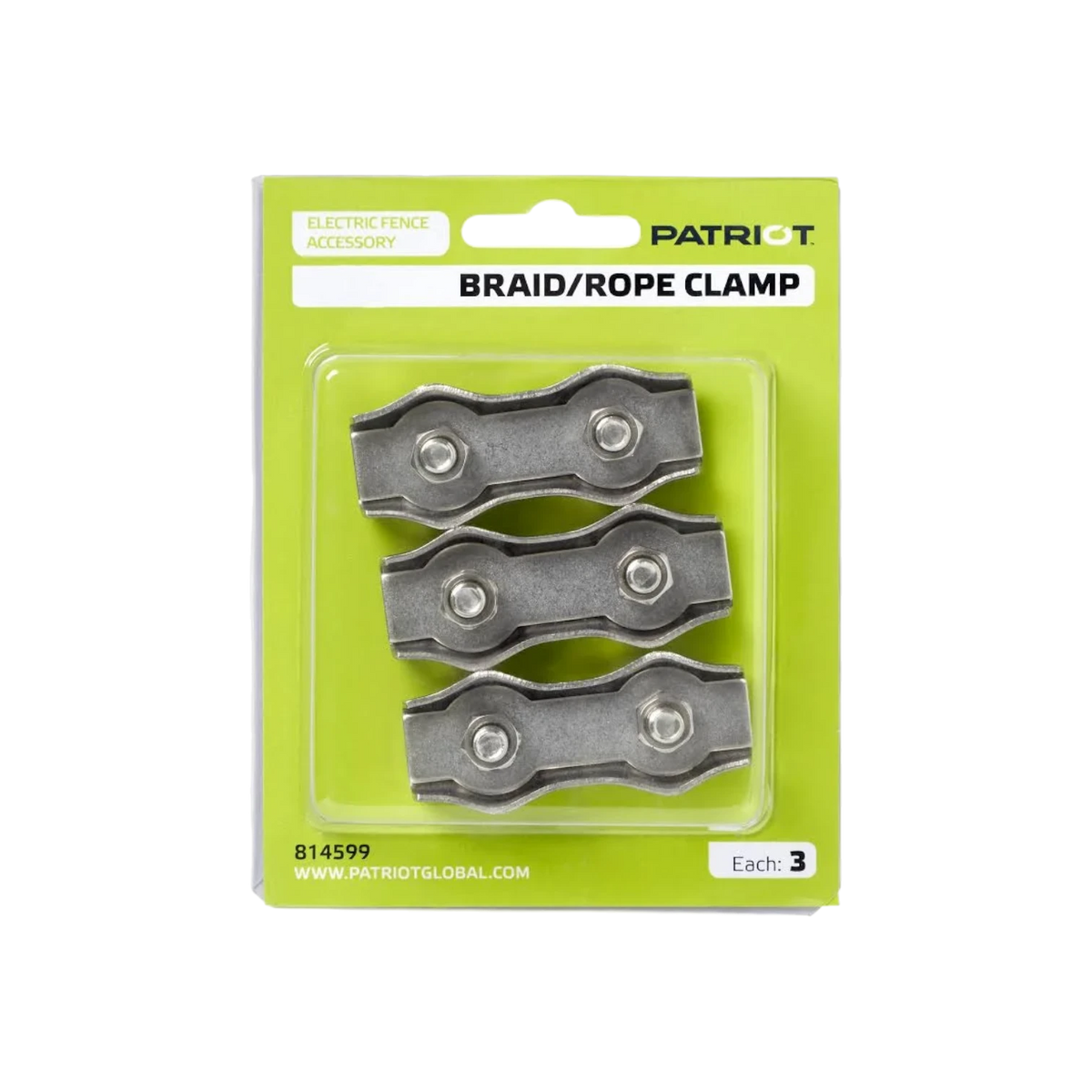 USA Grazing Systems 3-pack of metal two-bolt rope and braid clamps for electric fencing in retail packaging