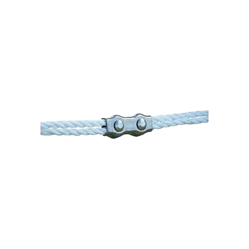 USA Grazing Systems two-bolt metal clamp securing two sections of white poly rope for electric fencing
