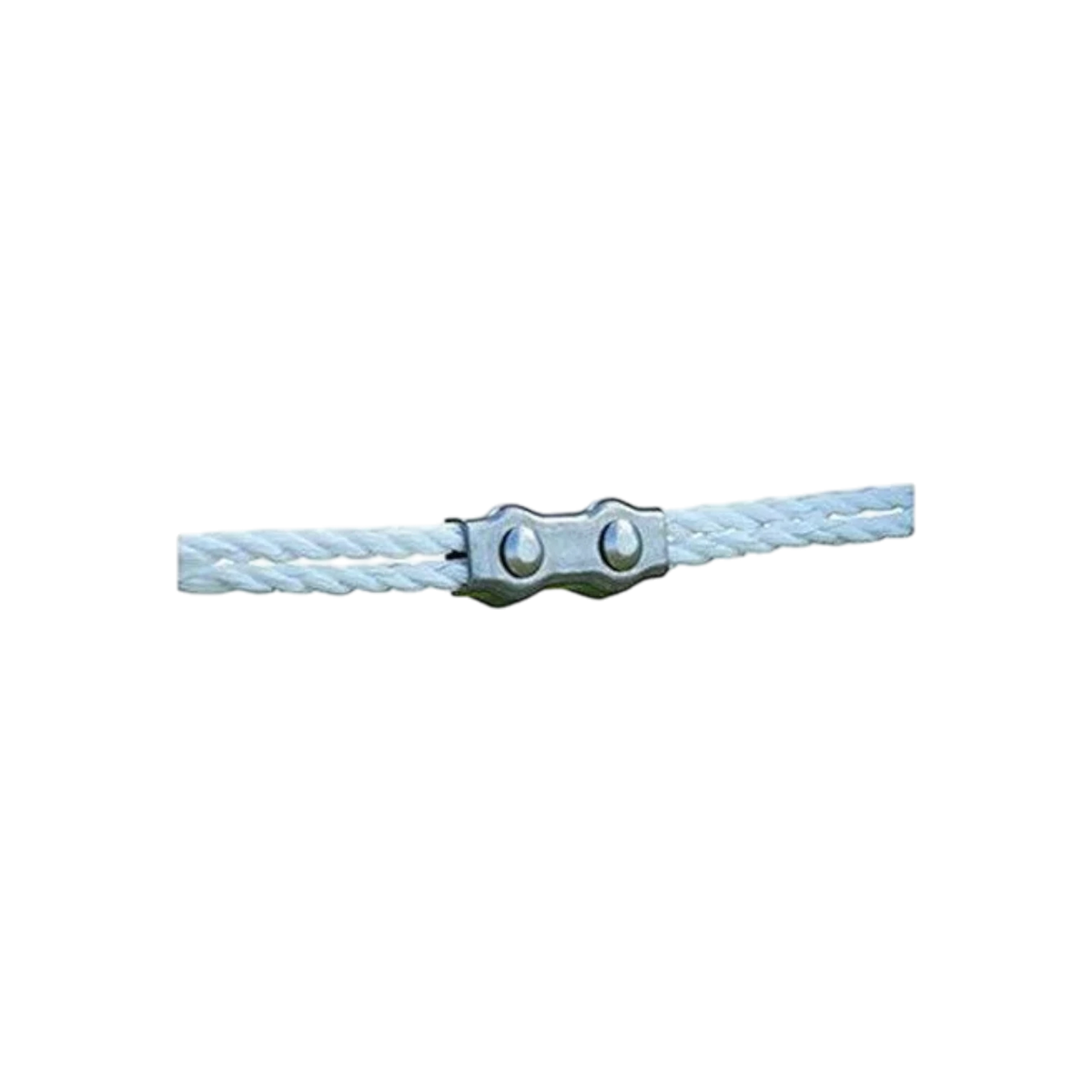 USA Grazing Systems two-bolt metal clamp securing two sections of white poly rope for electric fencing