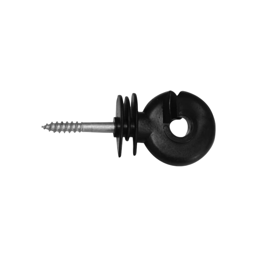 USA Grazing Systems black plastic screw-in ring insulator for electric fencing with a metal wood screw base